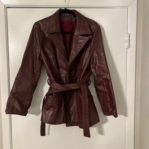 Women's Burgundy Leather Belted Jacket